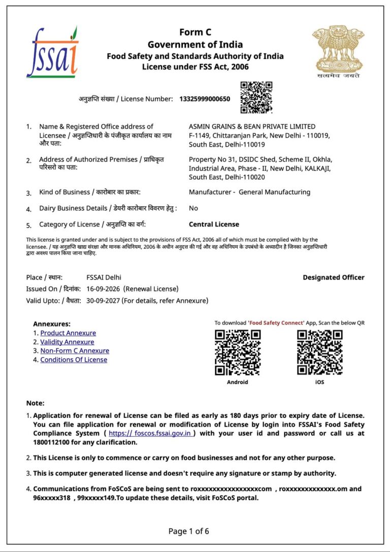 FSSAI Central Food Licence number 13325999000650 for Asmin Grains & Bean Private Limited, valid to 30 September 2027